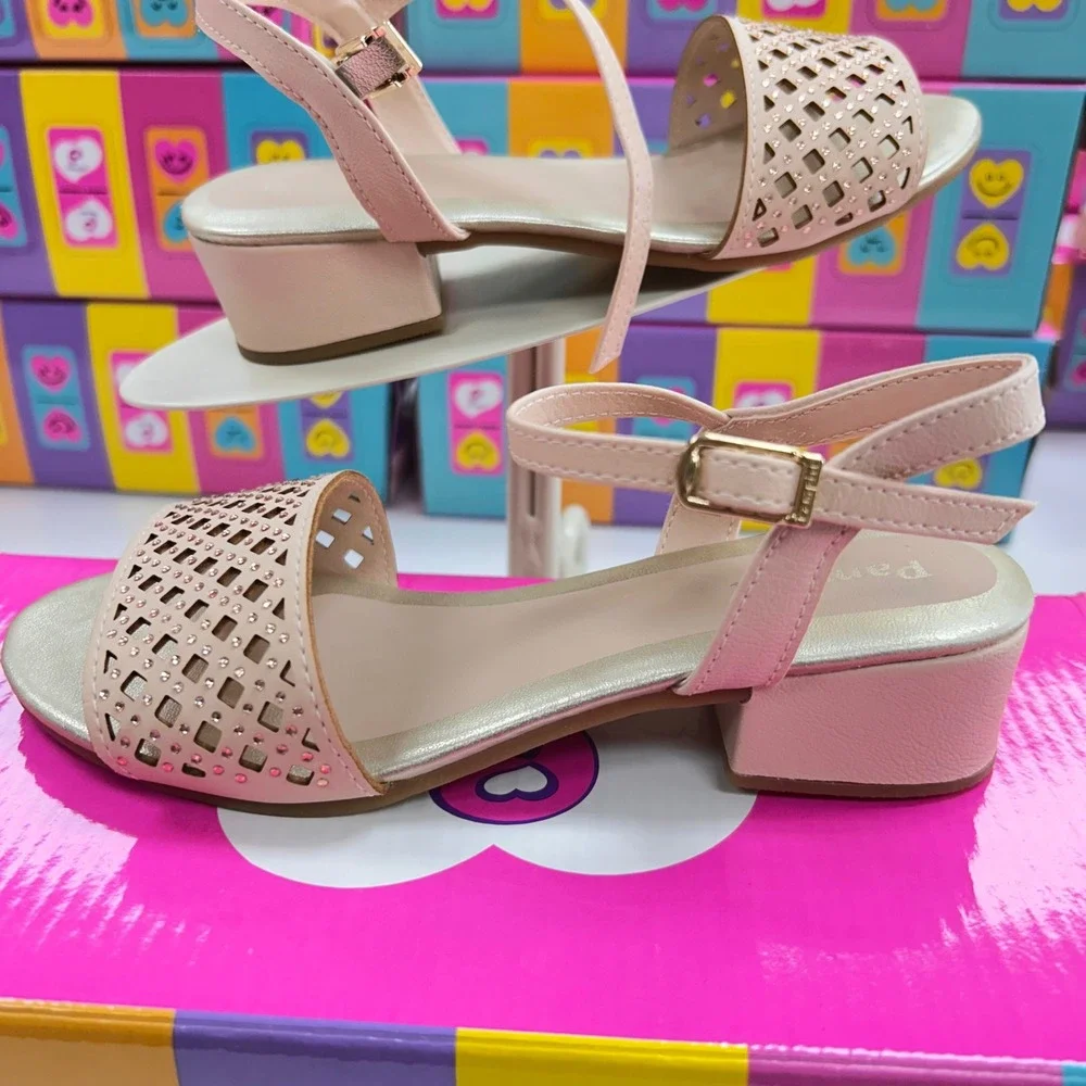 Pampili Girls Pink Gold Laser Cut Rhinestone Block Heel Dress Sandals Size 1